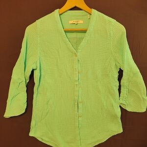 Womens Foxcroft Blue Button-Up 3/4 Sleeve Cotton Blouse